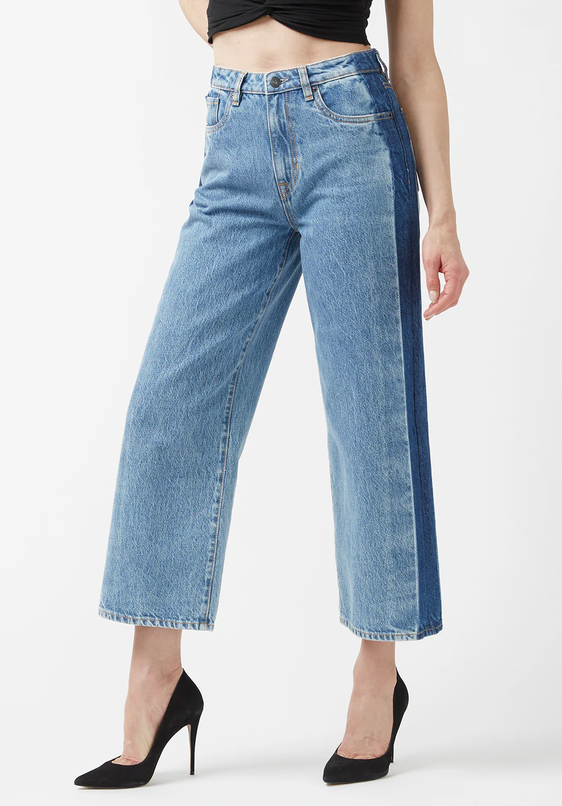 High Rise Wide Leg Cropped Addisson Women’s Jeans, Shadow Wash Blue - BL15896 - Image 7
