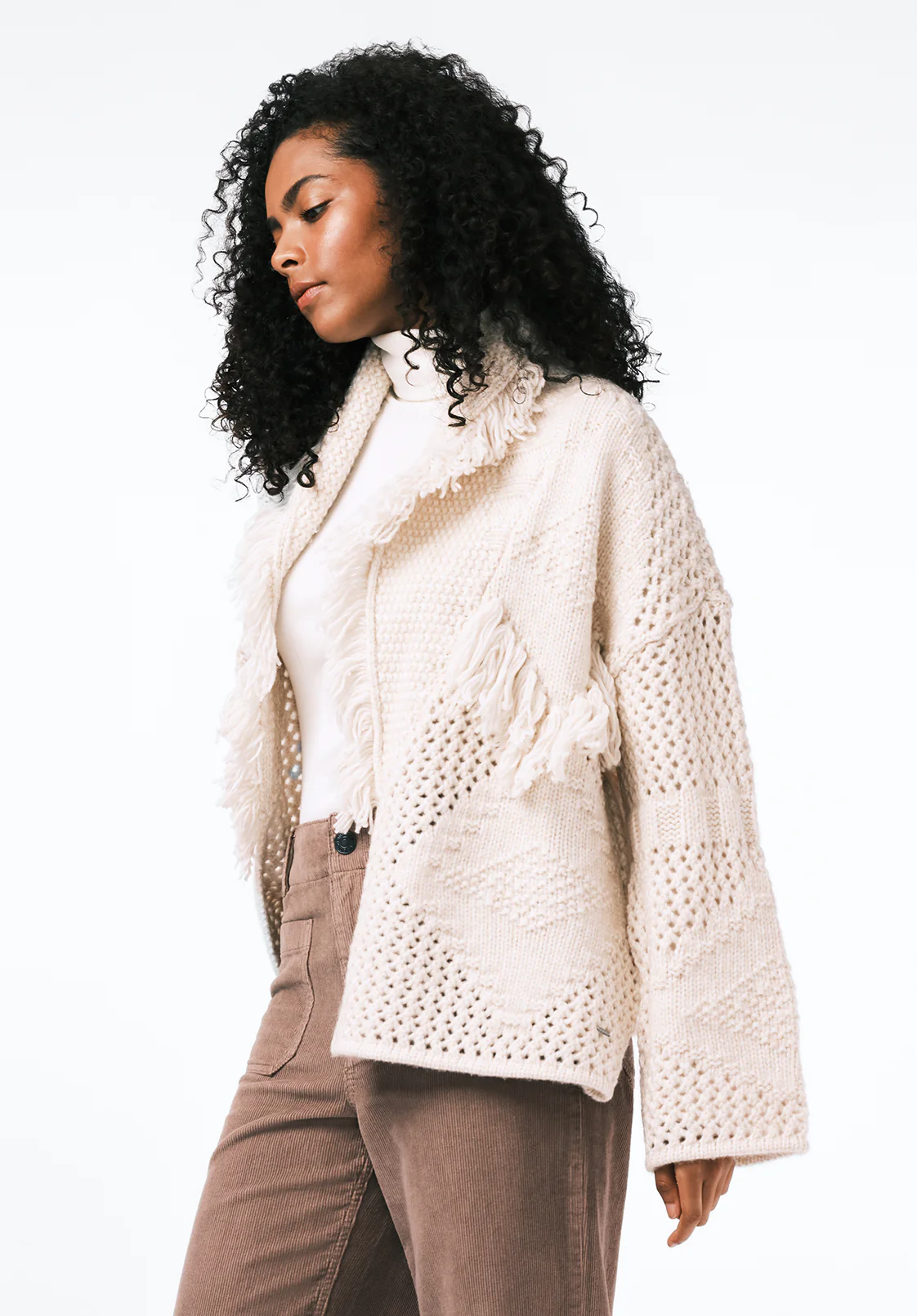 Agatha Women's Open-Front Knit Cardigan with Fringe Detail, Oatmeal - SW0154 - Image 3