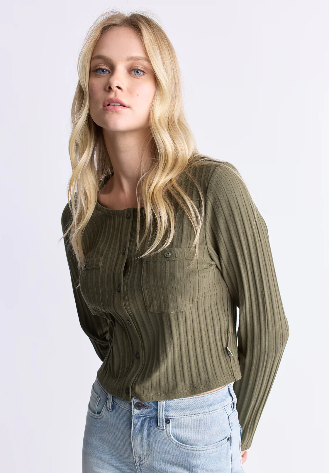 Albertina Women's Ribbed Long-Sleeve Button-Up Top, Olive Green - KT0205H - Image 2