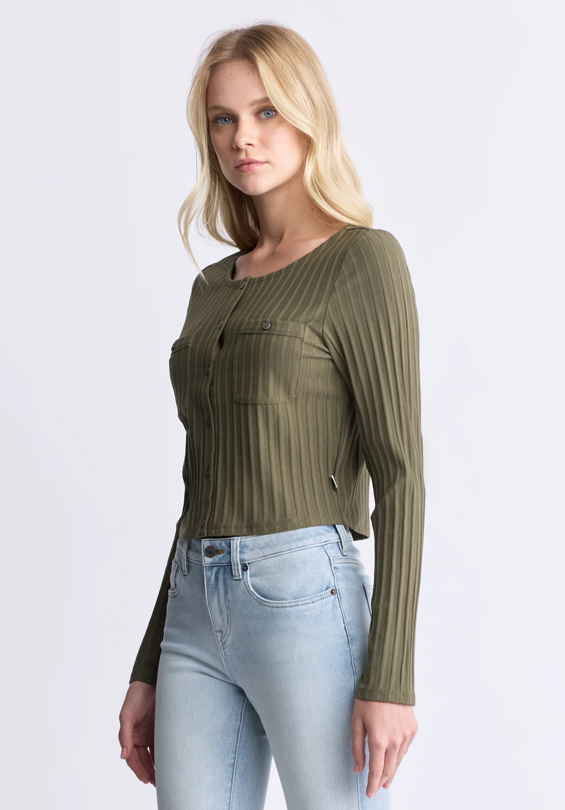 Albertina Women's Ribbed Long-Sleeve Button-Up Top, Olive Green - KT0205H - Image 3