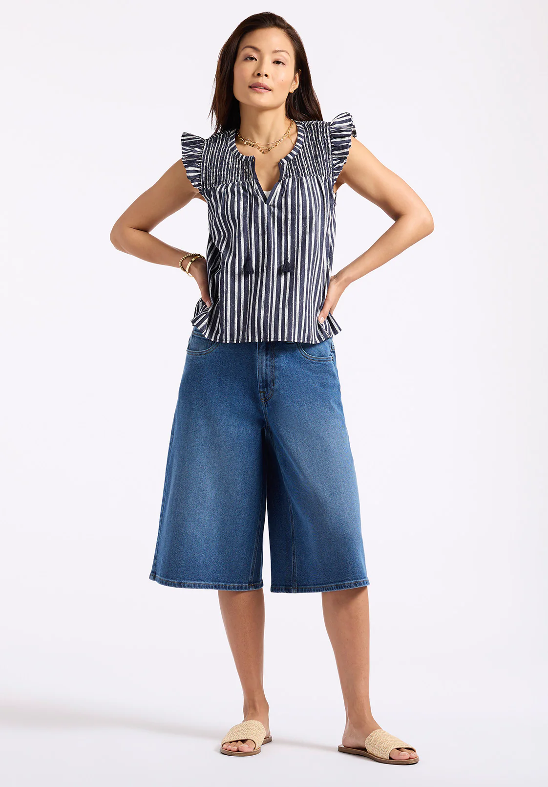 Alda Women's Vertical Stripe Sleeveless Ruffle Top with Smocked Yoke, Indigo - WT0157P
