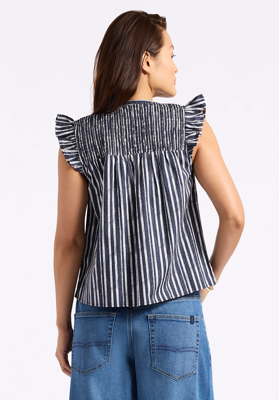 Alda Women's Vertical Stripe Sleeveless Ruffle Top with Smocked Yoke, Indigo - WT0157P - Image 4