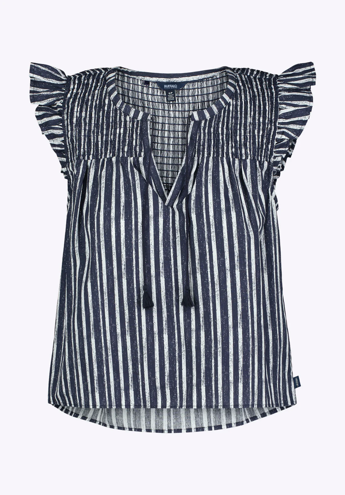 Alda Women's Vertical Stripe Sleeveless Ruffle Top with Smocked Yoke, Indigo - WT0157P - Image 5