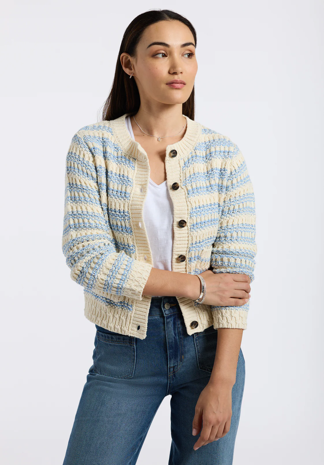 Amaranth Women's Striped Open Knit Cardigan, Cloud & Blue - SW0113P - Image 2