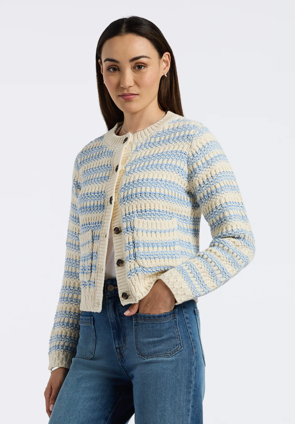 Amaranth Women's Striped Open Knit Cardigan, Cloud & Blue - SW0113P - Image 4