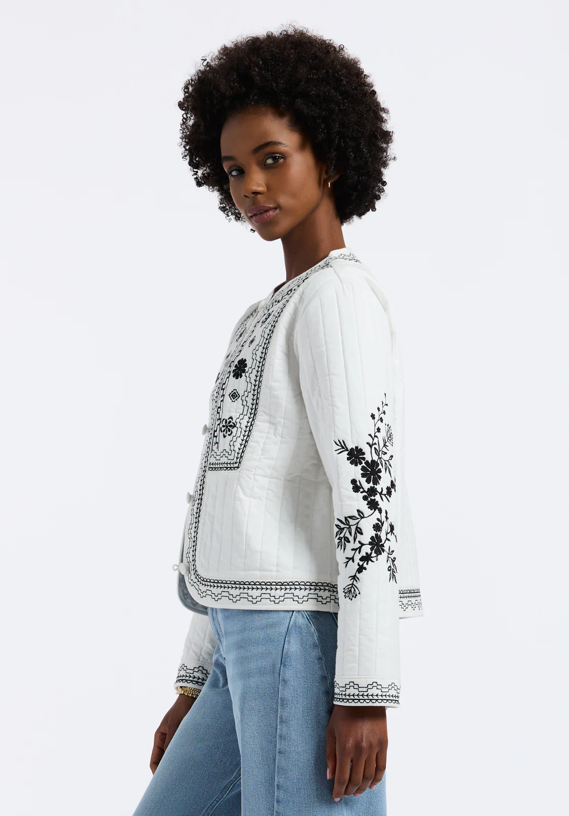 Ashleigh Women's Quilted Embroidered Button-Up Jacket, Egret - JK0048P - Image 3