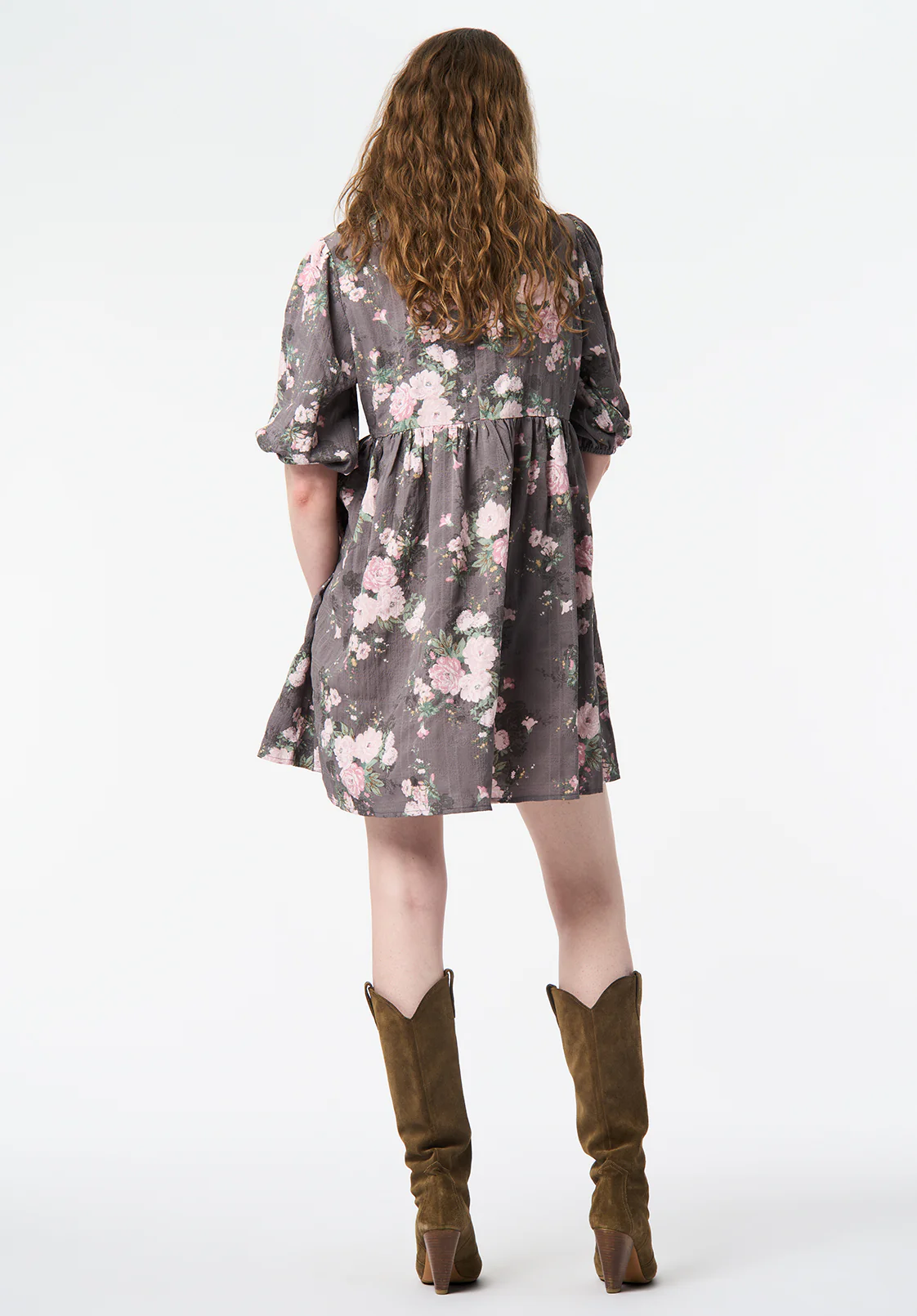 Audrianna Floral Puff Sleeve Mini Dress with Gathered Waist, Floral Bouquet - WD0106 - Image 3