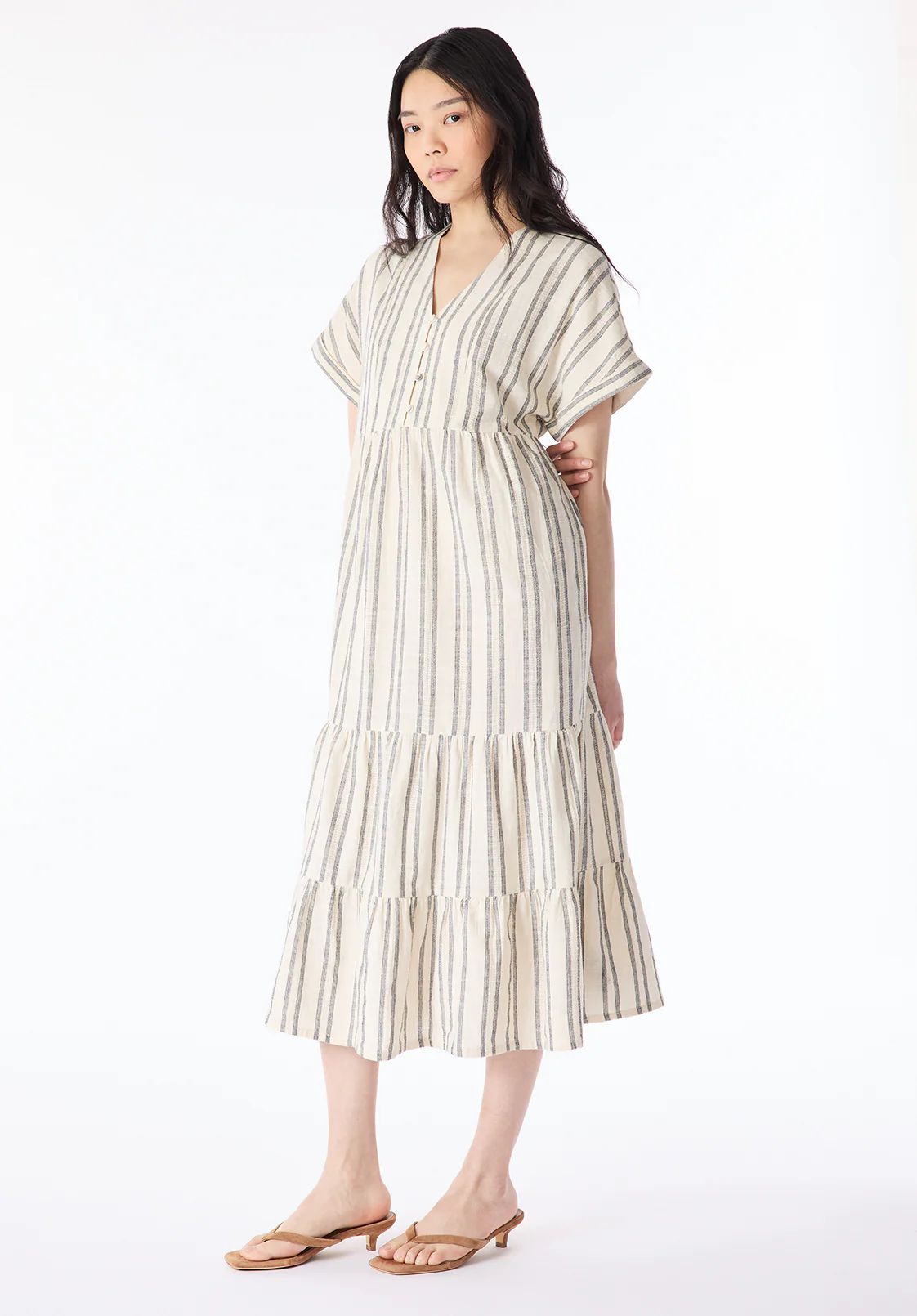 Aurinda Women's Tiered Striped Midi Dress, Parchment - WD0094P - Image 2