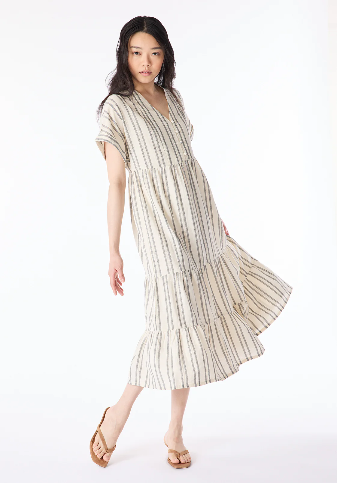 Aurinda Women's Tiered Striped Midi Dress, Parchment - WD0094P - Image 4