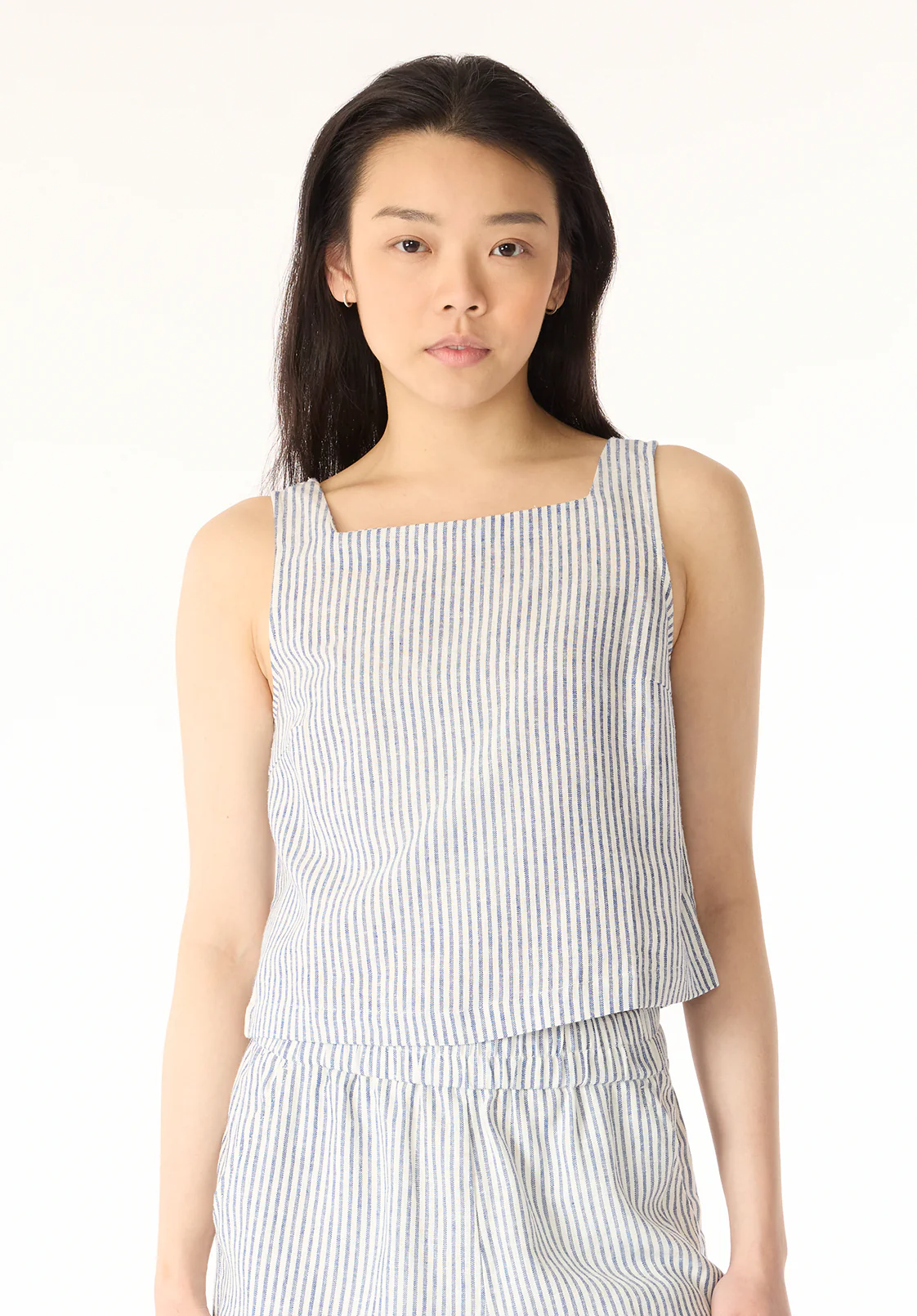 Benedita Women's Striped Sleeveless Linen Top, White & Navy - WT0198P - Image 2