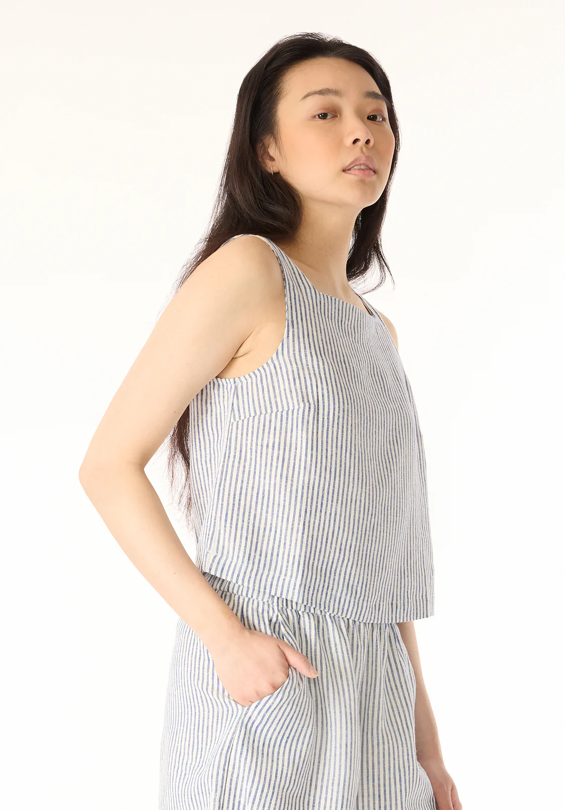 Benedita Women's Striped Sleeveless Linen Top, White & Navy - WT0198P - Image 3