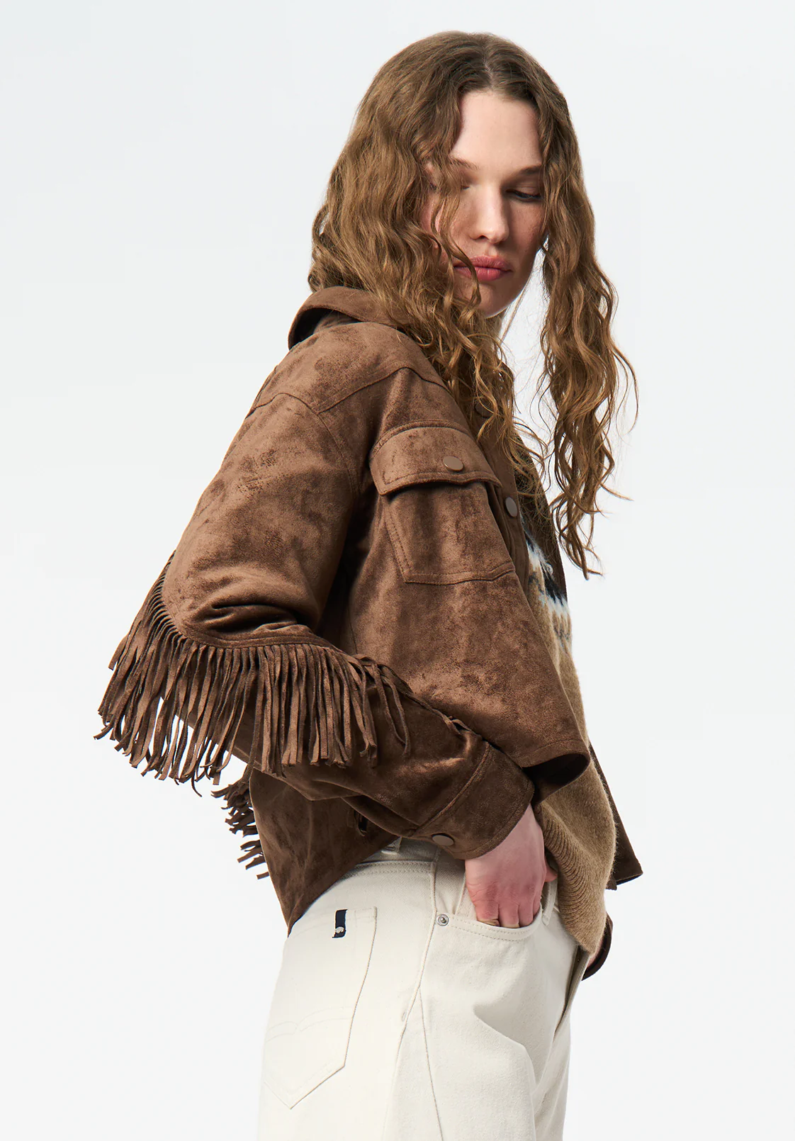 Bibi Women's Western Fringe Cropped Jacket in Faux Suede, Caramel - JK0057 - Image 3