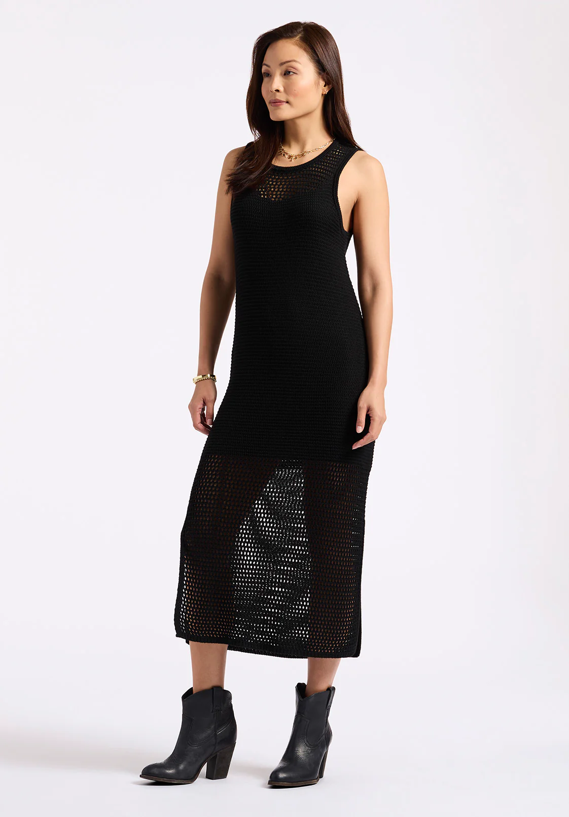 Bronwen Women's Sleeveless Open-Knit Midi Dress, Black - SD0009P - Image 2