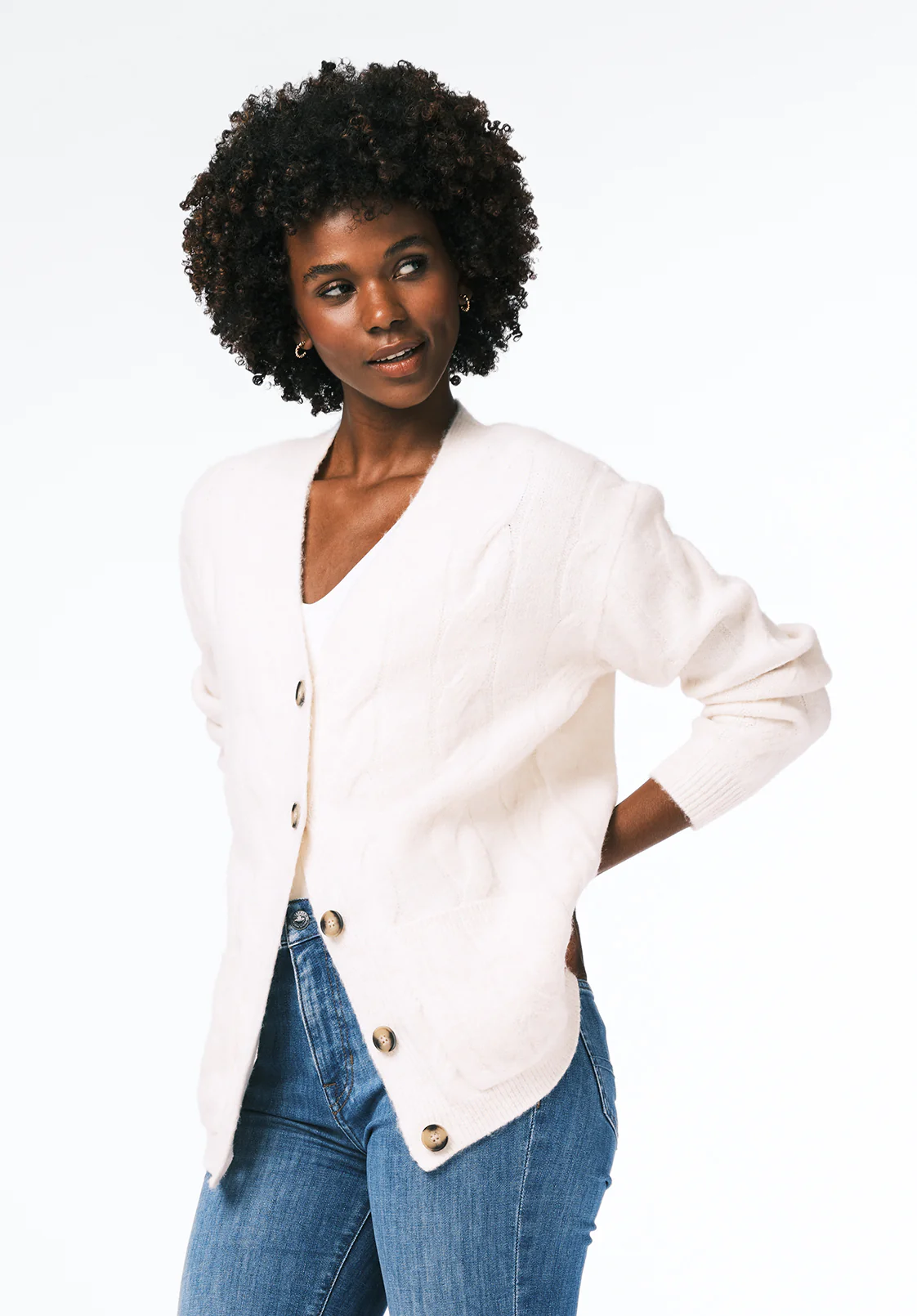 Calynda Women's Cable Knit Button-Up Cardigan with Pockets, Marshmallow - SW0144 - Image 3