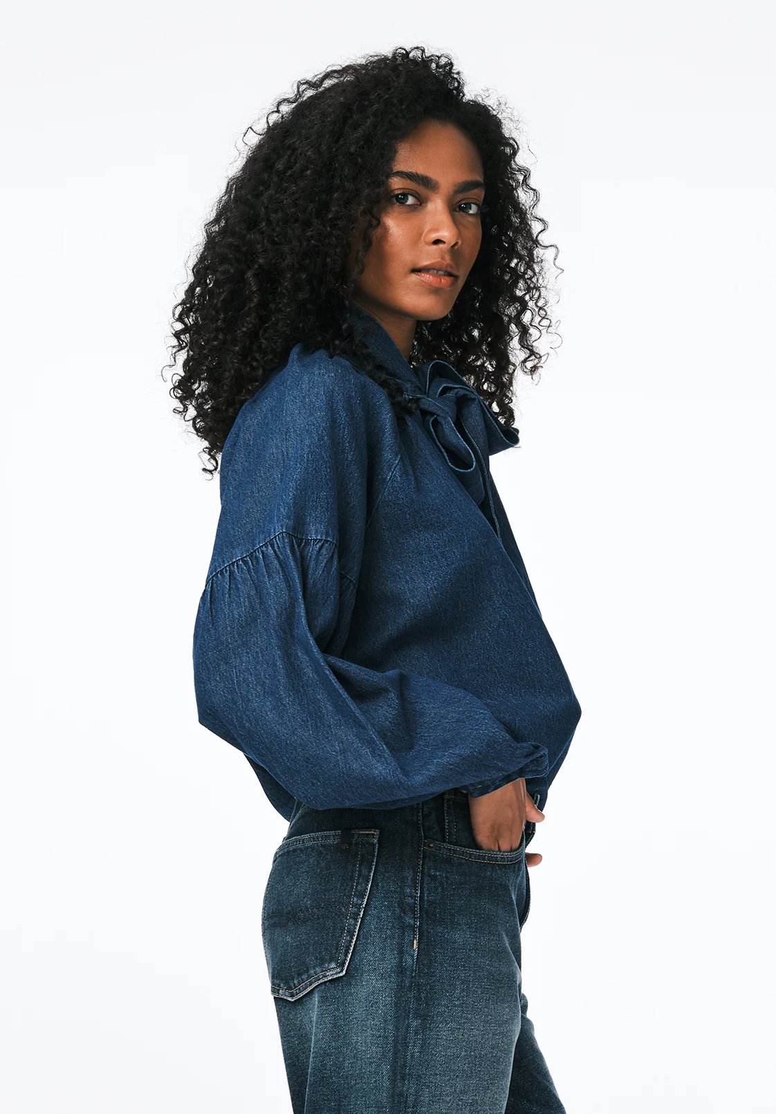 Carissa Women's Denim Blouse with Bow Neck and Voluminous Sleeves, Dark Denim - WT0208 - Image 3