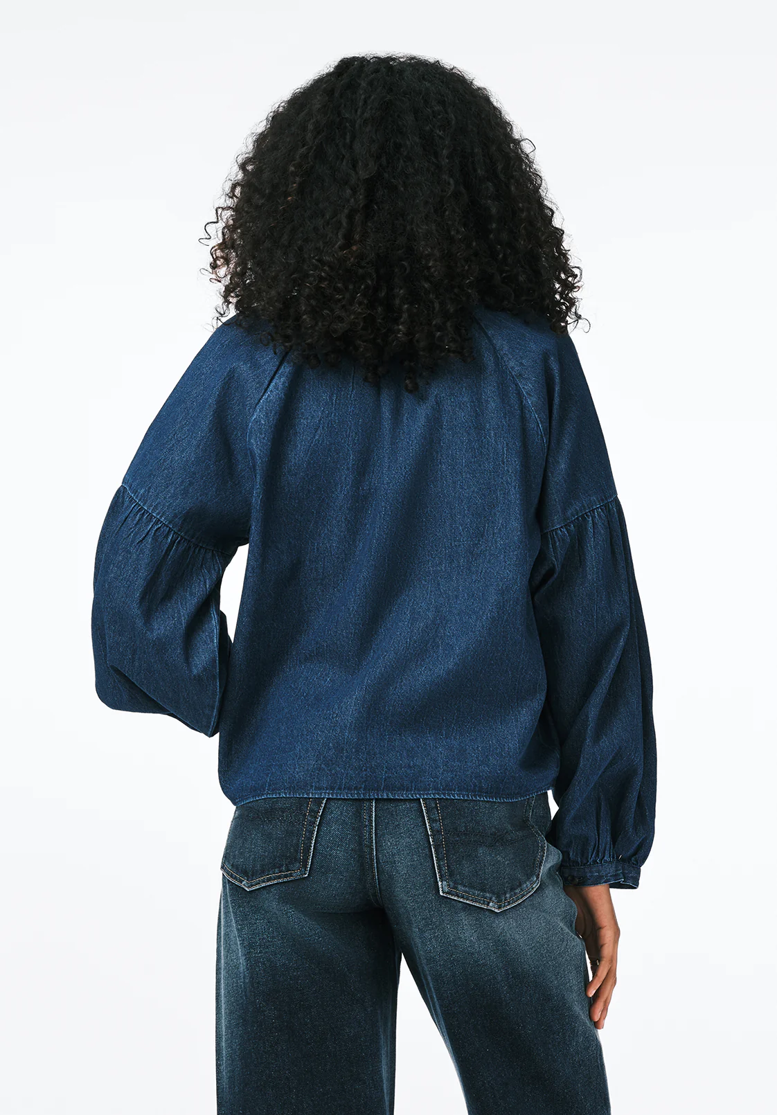 Carissa Women's Denim Blouse with Bow Neck and Voluminous Sleeves, Dark Denim - WT0208 - Image 4