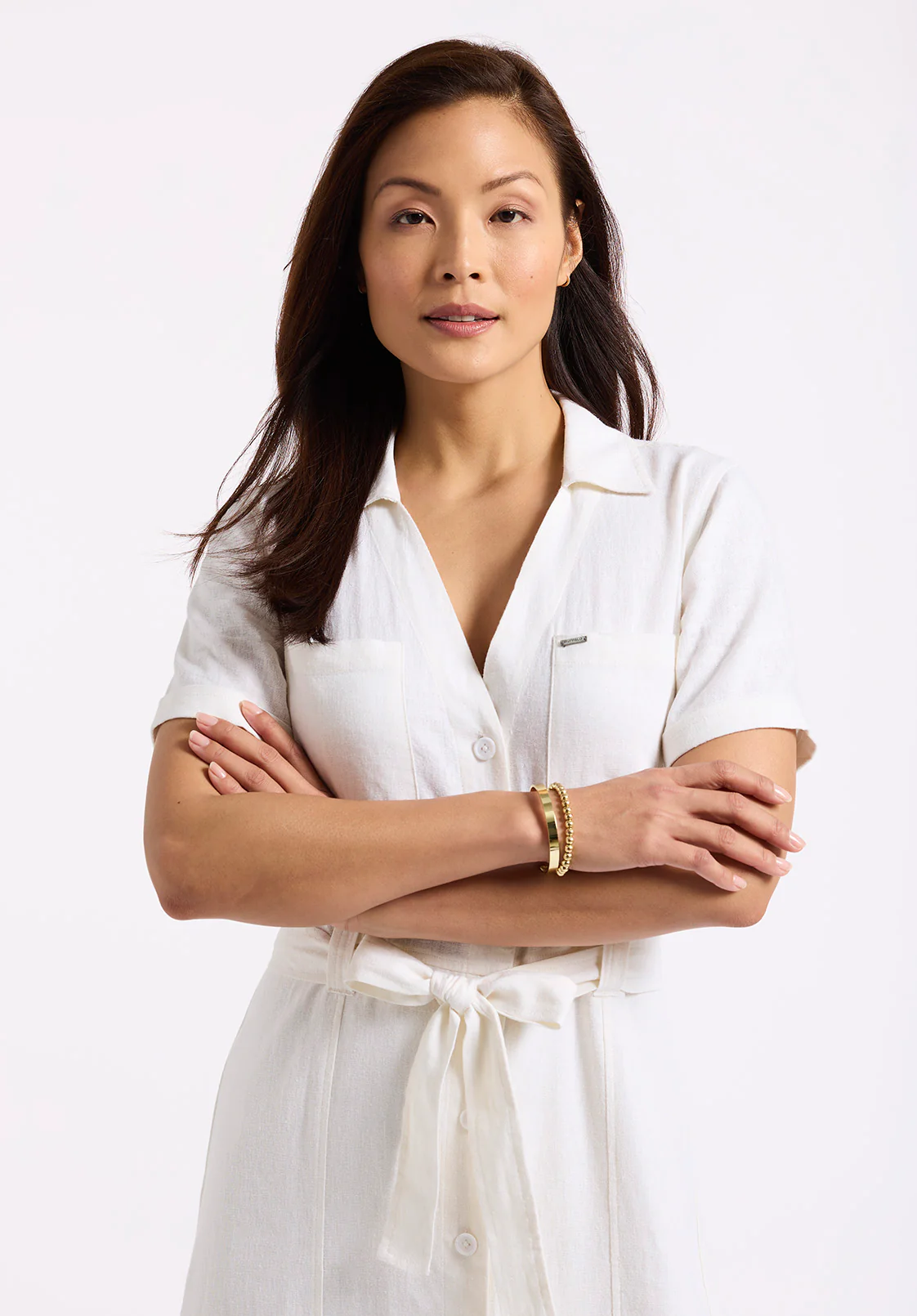 Carlene Women's Button-Down Midi Dress with Waist Tie, White - WD0092P - Image 4