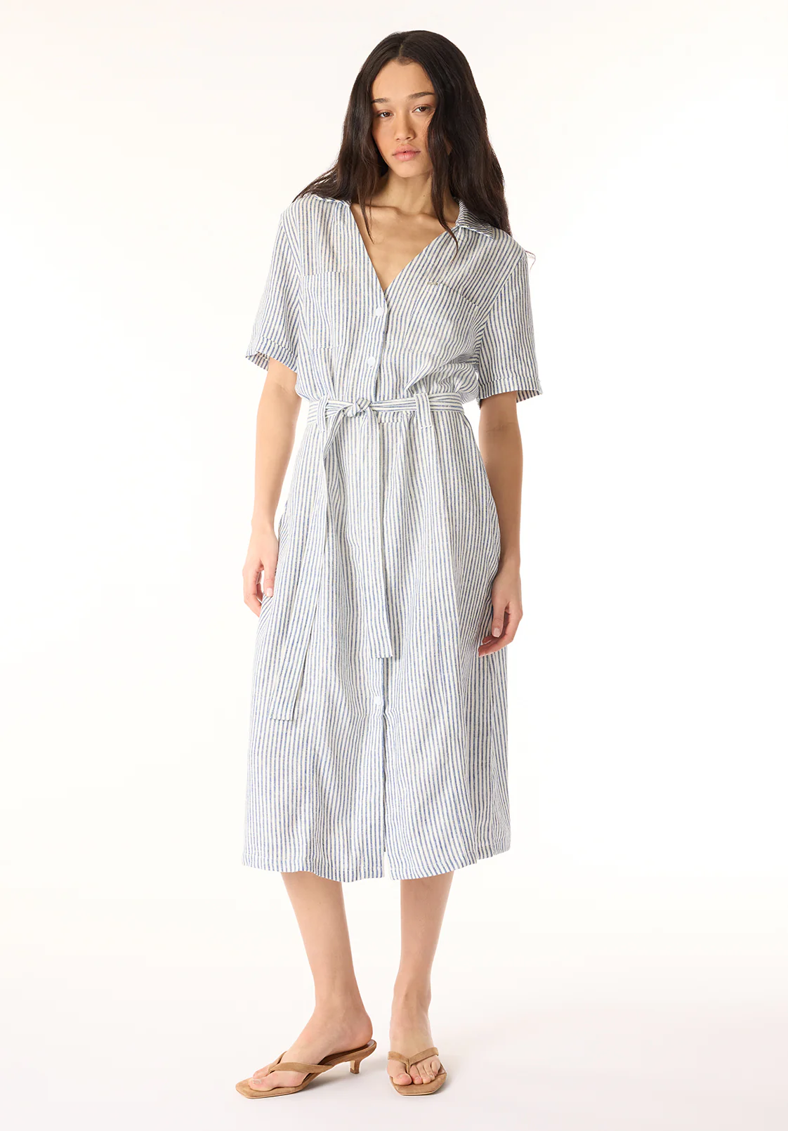 Carlene Women's Striped Button-Down Midi Dress with Waist Tie, Navy - WD0105P