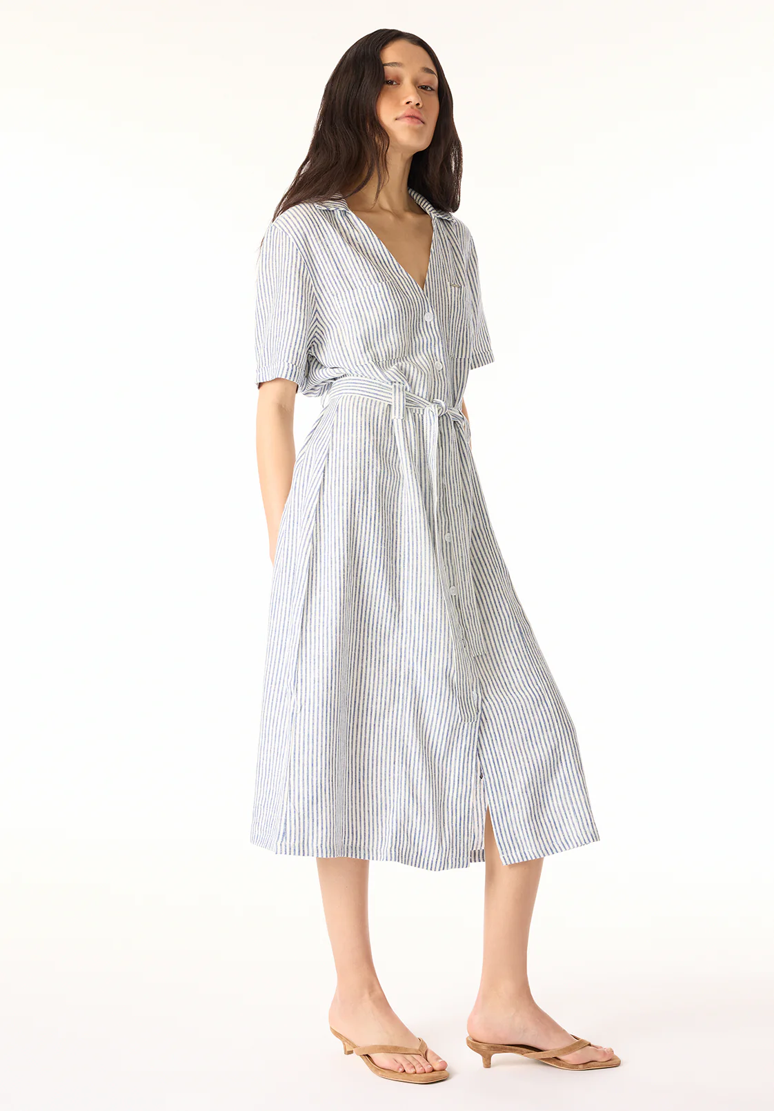Carlene Women's Striped Button-Down Midi Dress with Waist Tie, Navy - WD0105P - Image 2