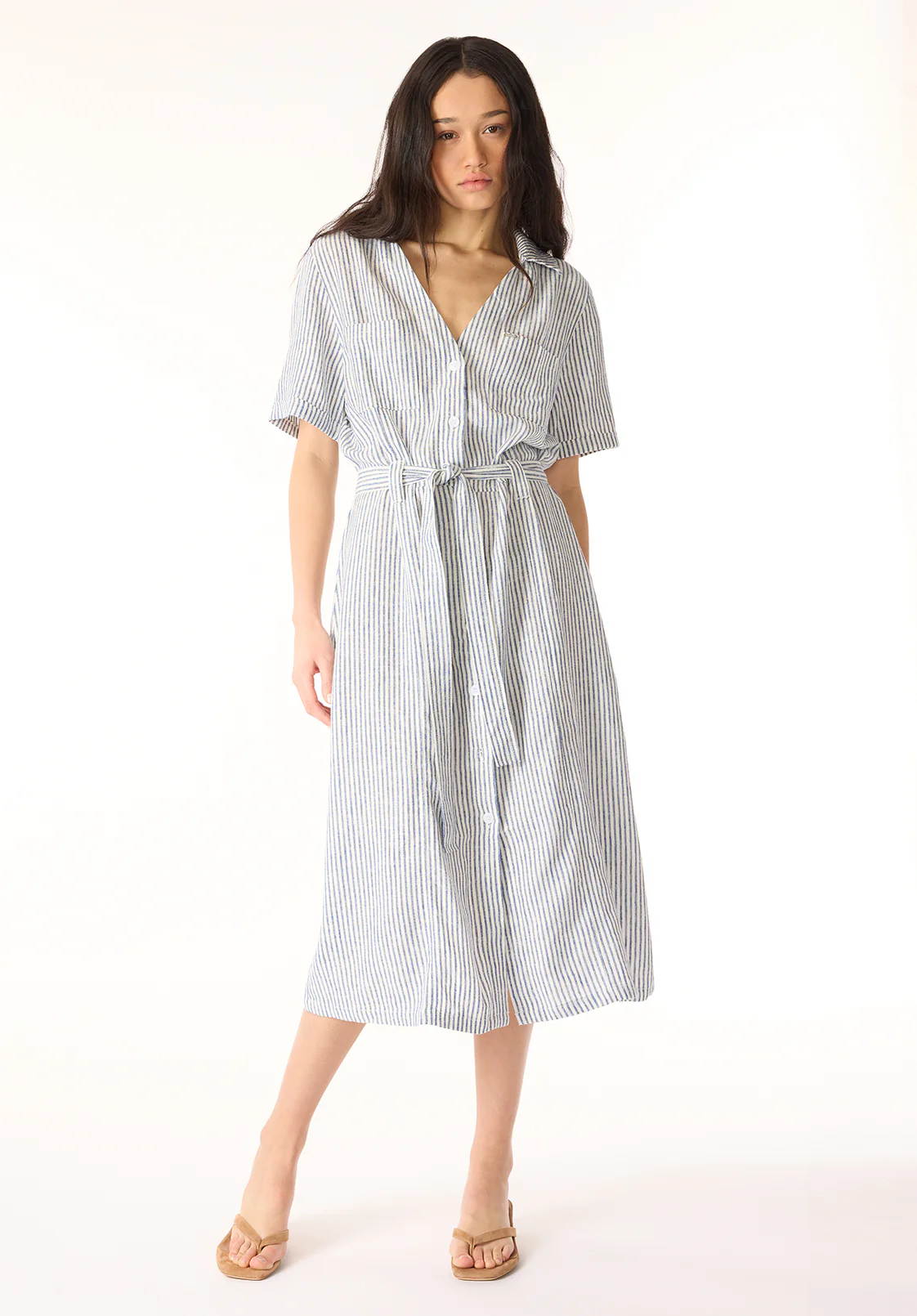 Carlene Women's Striped Button-Down Midi Dress with Waist Tie, Navy - WD0105P - Image 4