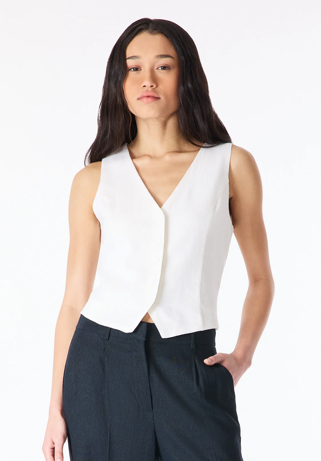 Coraline Women's Linen Button-Up Vest, White - WT0173P - Image 2