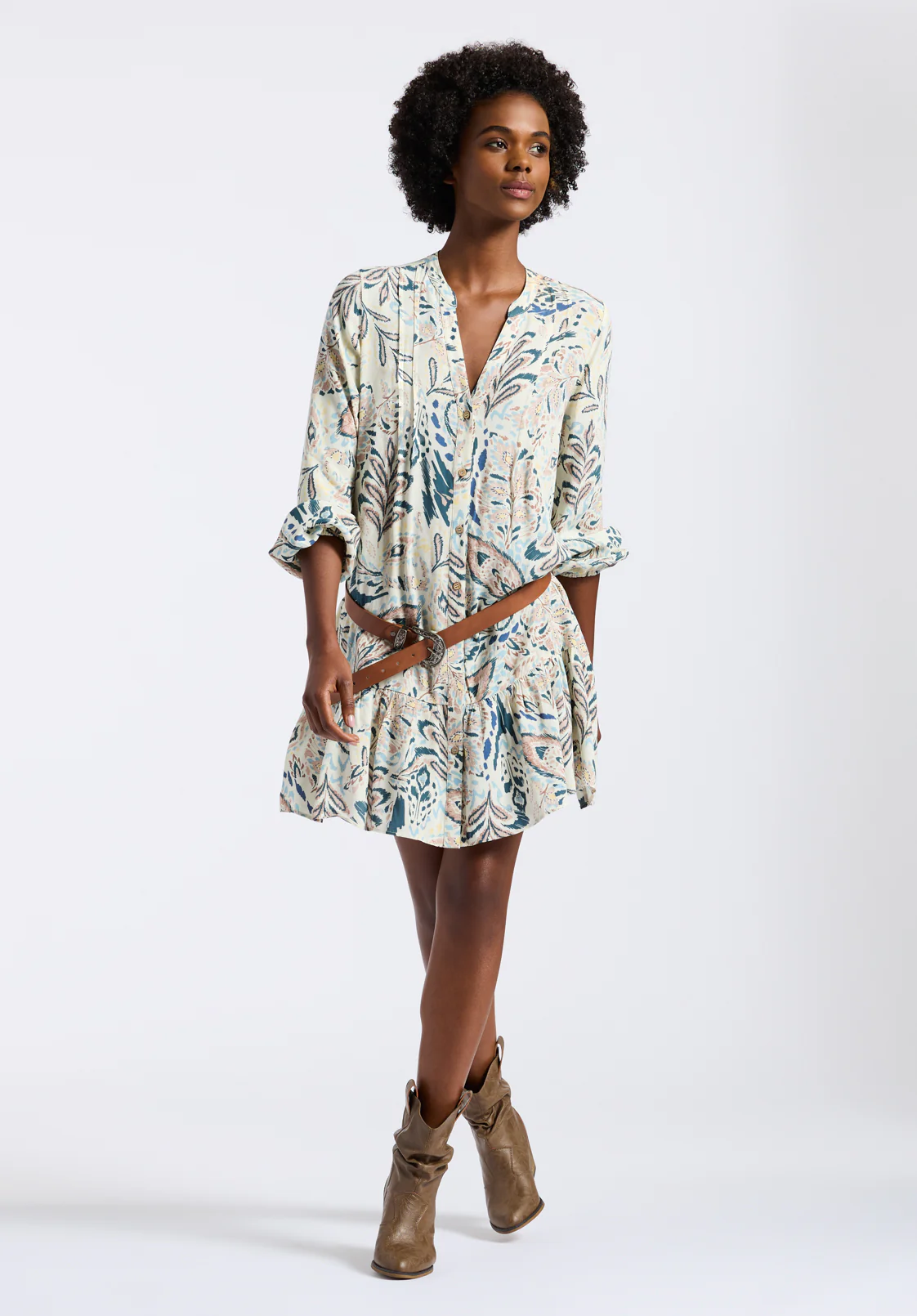 Darya Women's Boho-Print Long-Sleeve Tiered Short Dress, Paisley - WD0089P - Image 5