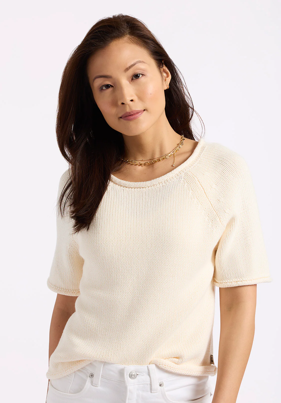 Devora Women’s Light Knit Short-Sleeve Sweater, Parchment - SW0115P - Image 2