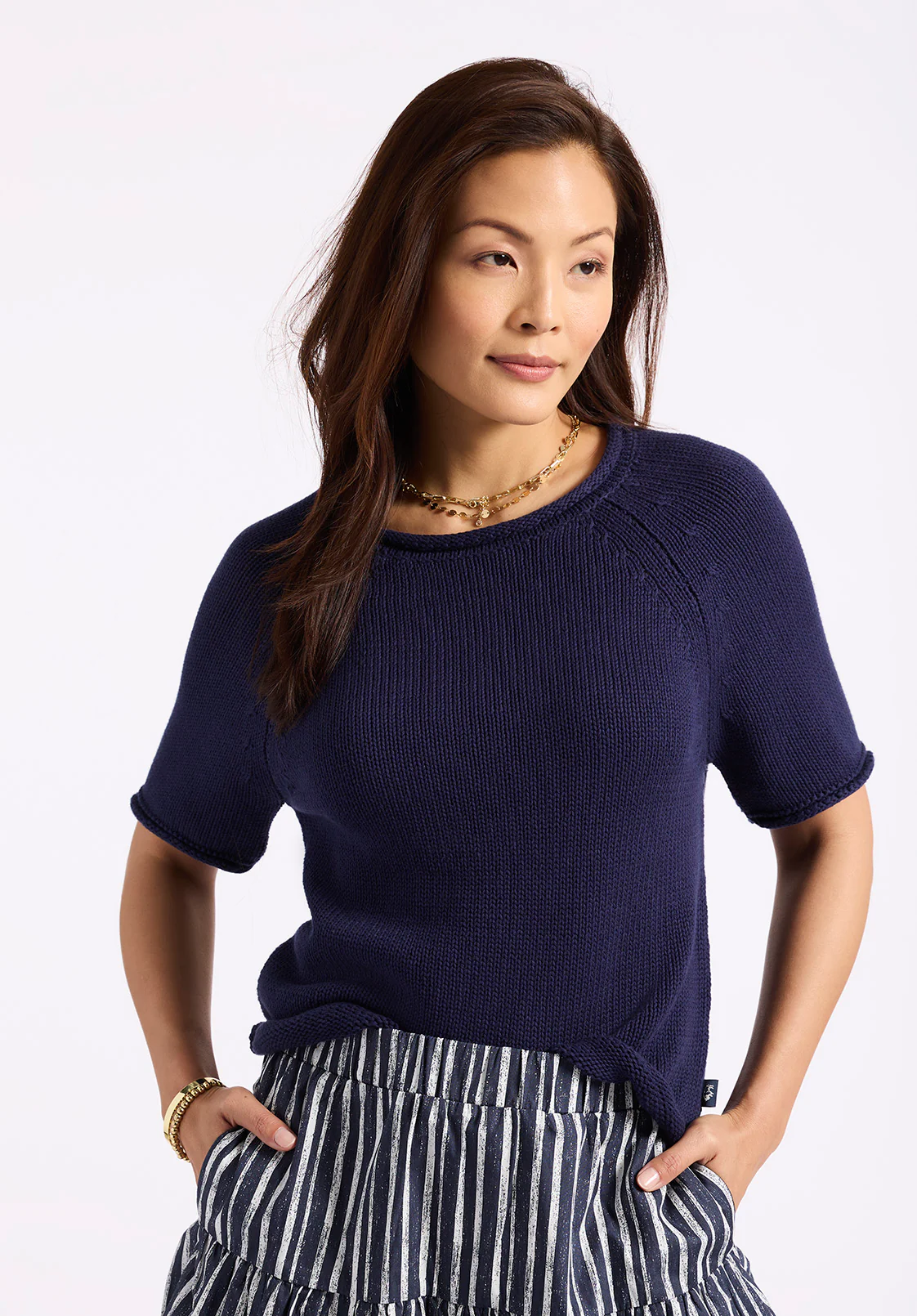 Devora Women’s Light Knit Short-Sleeve Sweater, Navy - SW0115P - Image 2