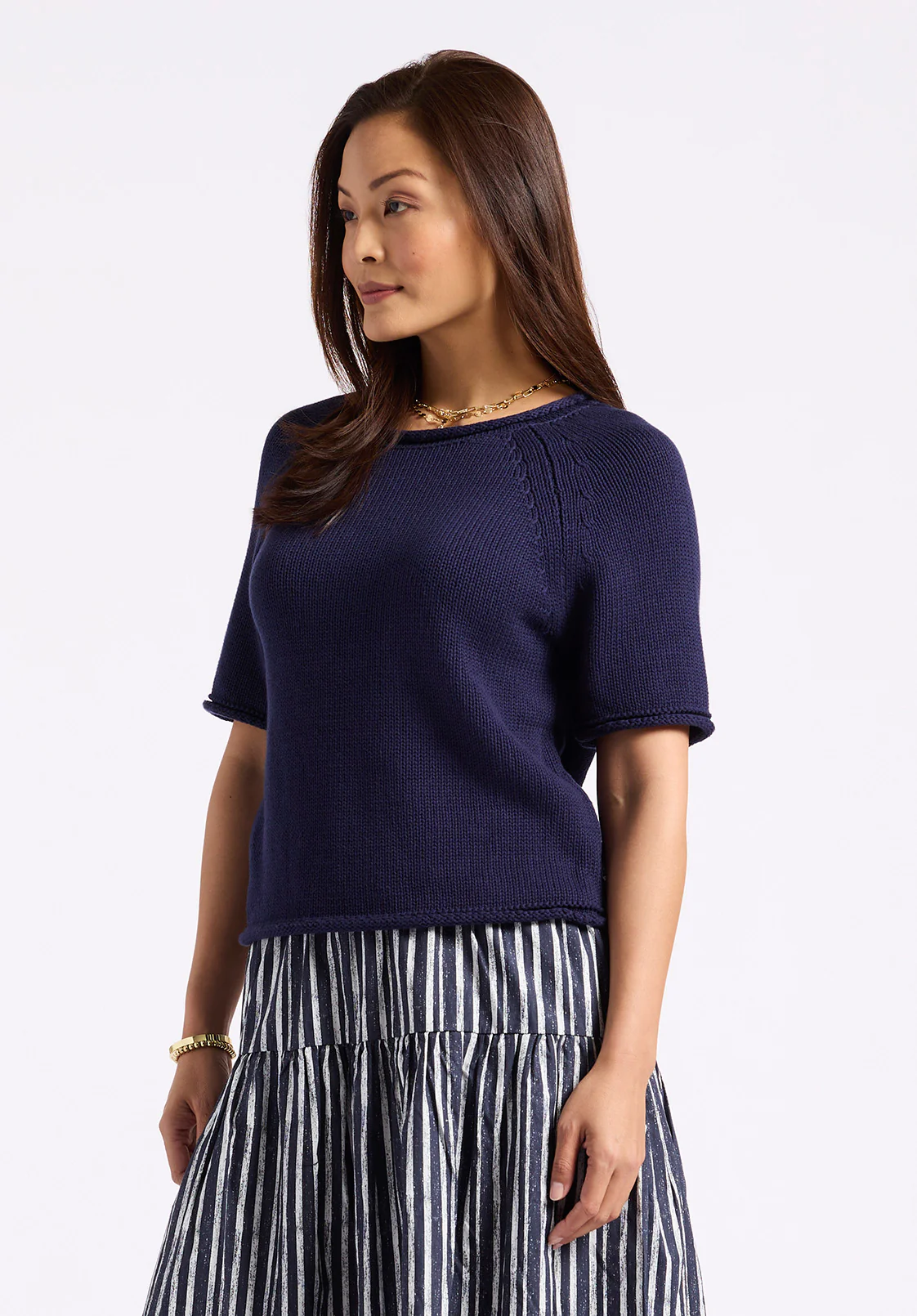 Devora Women’s Light Knit Short-Sleeve Sweater, Navy - SW0115P - Image 3