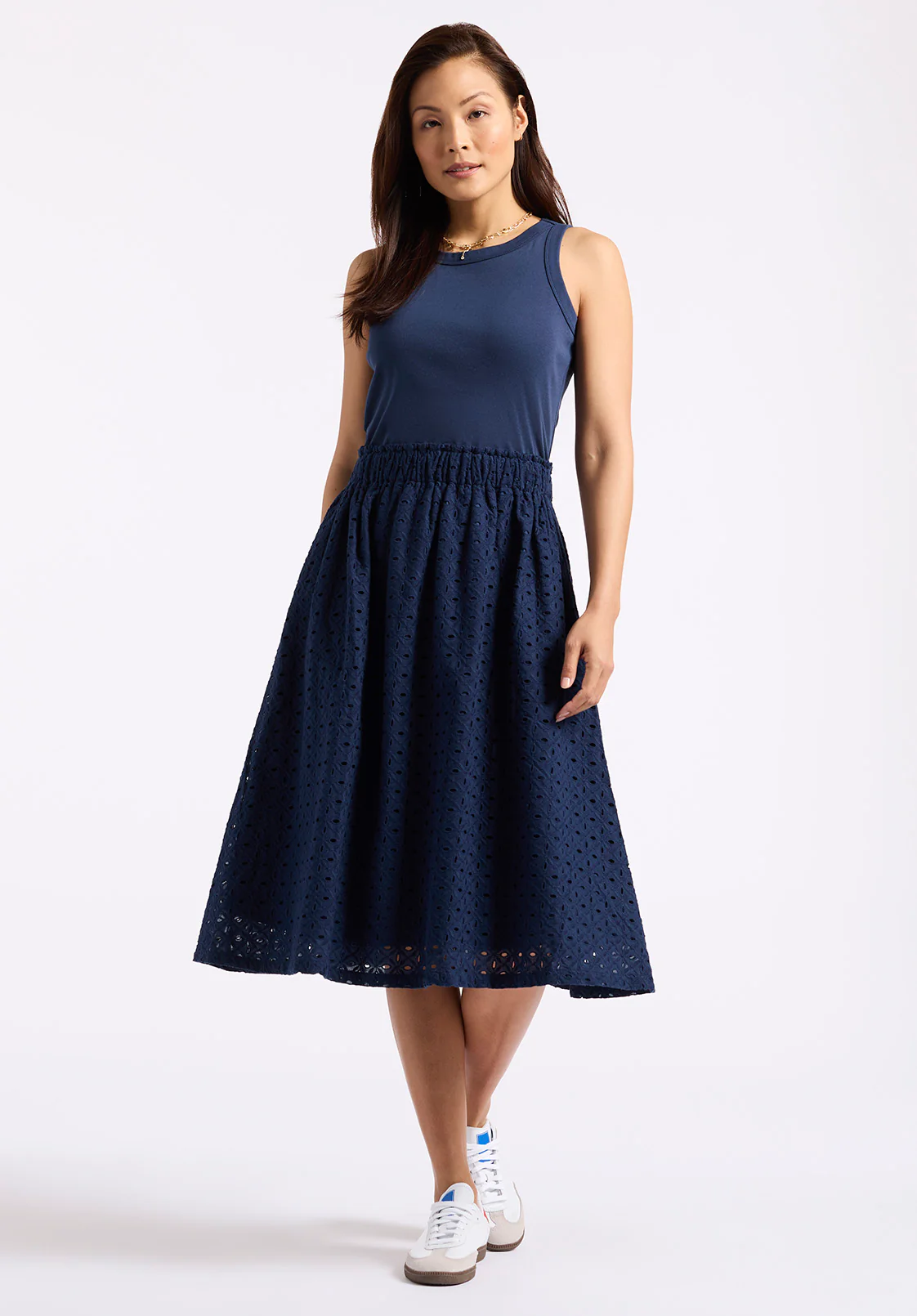 Drea Women's Tank Dress with Eyelet Embroidered Skirt, Navy - WD0067P