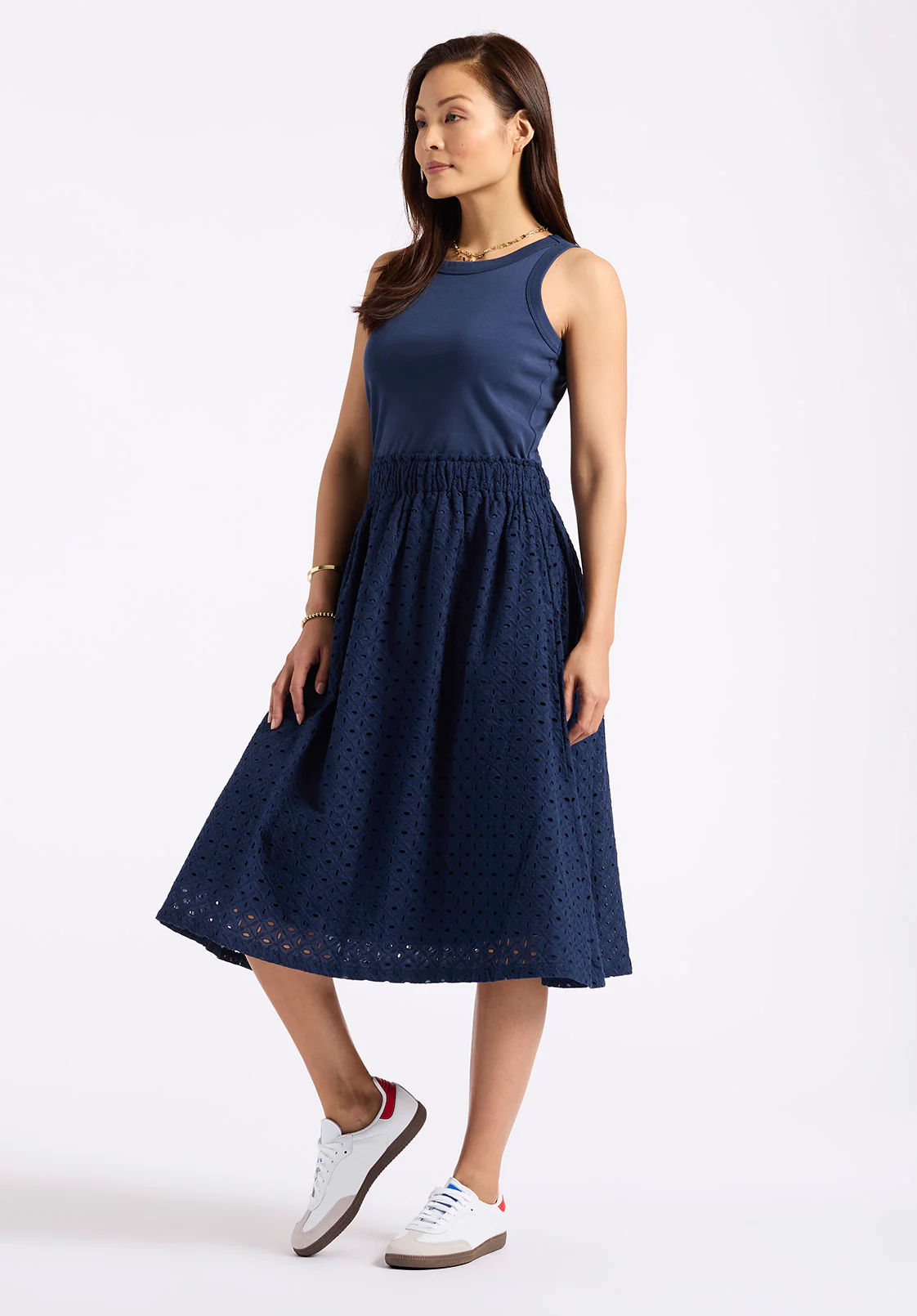 Drea Women's Tank Dress with Eyelet Embroidered Skirt, Navy - WD0067P - Image 2