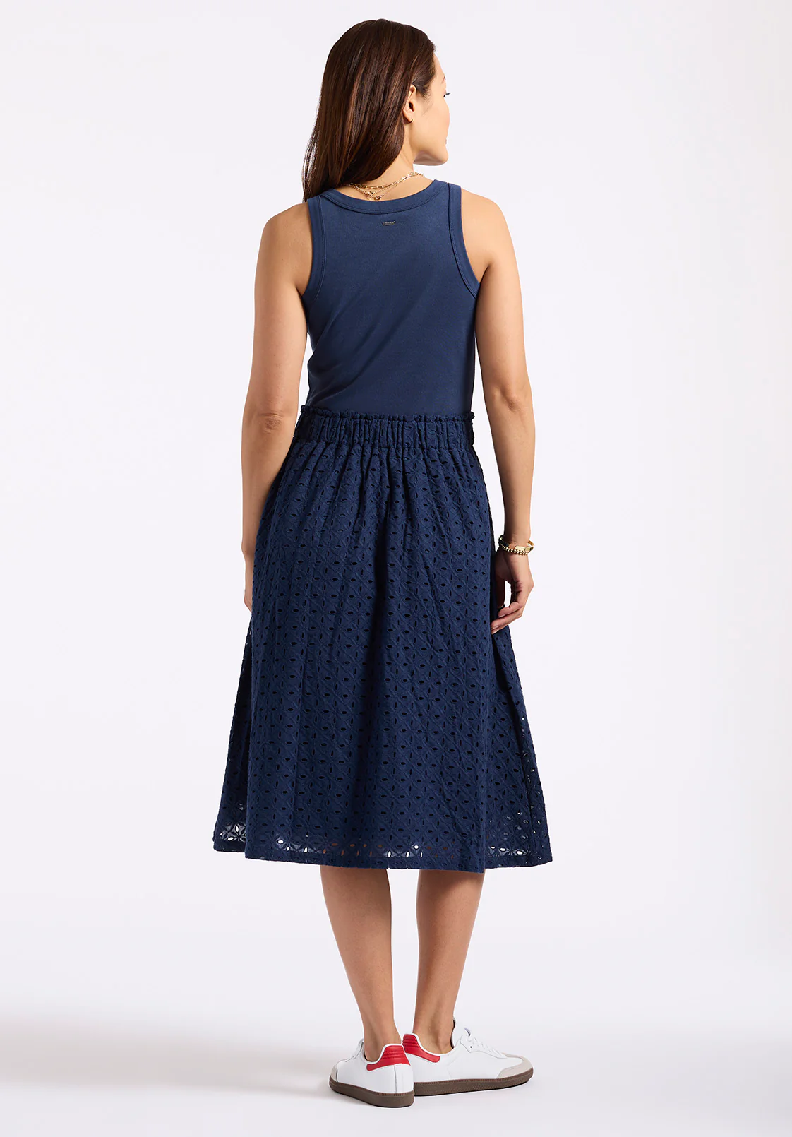 Drea Women's Tank Dress with Eyelet Embroidered Skirt, Navy - WD0067P - Image 3