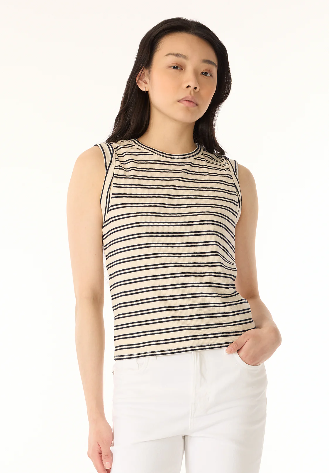 Elayne Women’s Striped Sleeveless Top, Marshmallow - KT0180P - Image 2