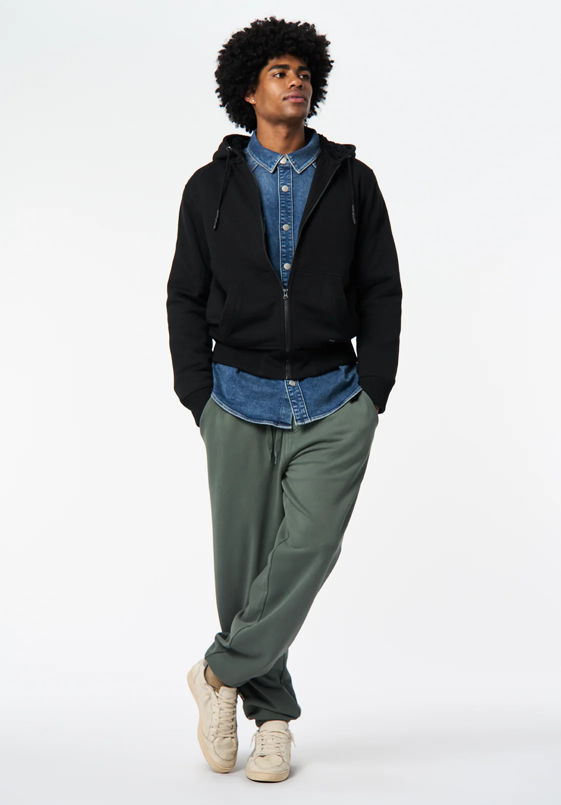 Fasox Men's Relaxed Full-Zip Hooded Jacket with Sherpa Lining, Black - BM24735