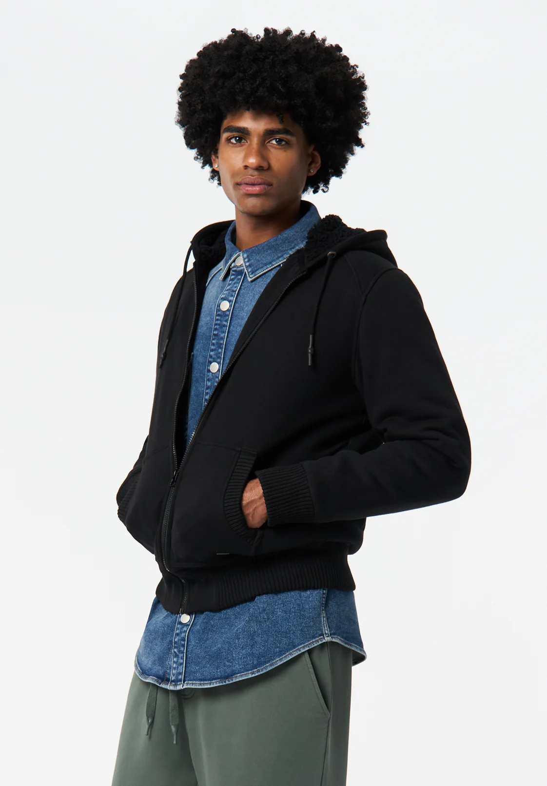 Fasox Men's Relaxed Full-Zip Hooded Jacket with Sherpa Lining, Black - BM24735 - Image 2