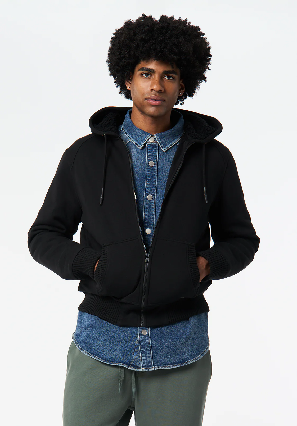 Fasox Men's Relaxed Full-Zip Hooded Jacket with Sherpa Lining, Black - BM24735 - Image 3