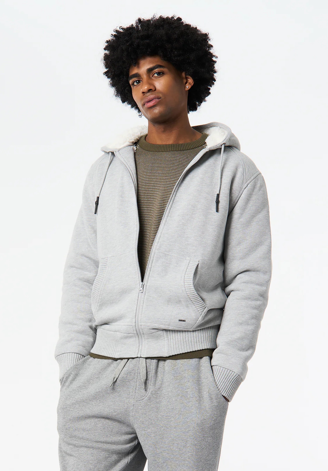 Fasox Men's Relaxed Full-Zip Hooded Jacket with Sherpa Lining, Heather Grey - BM24735 - Image 3