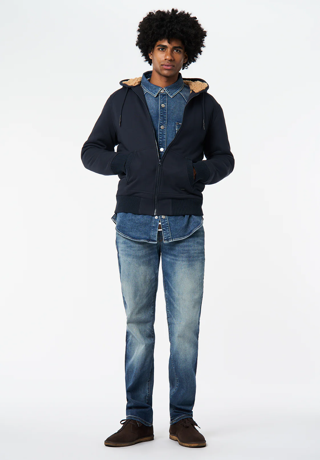 Fasox Men's Relaxed Full-Zip Hooded Jacket with Sherpa Lining, Whale - BM24735