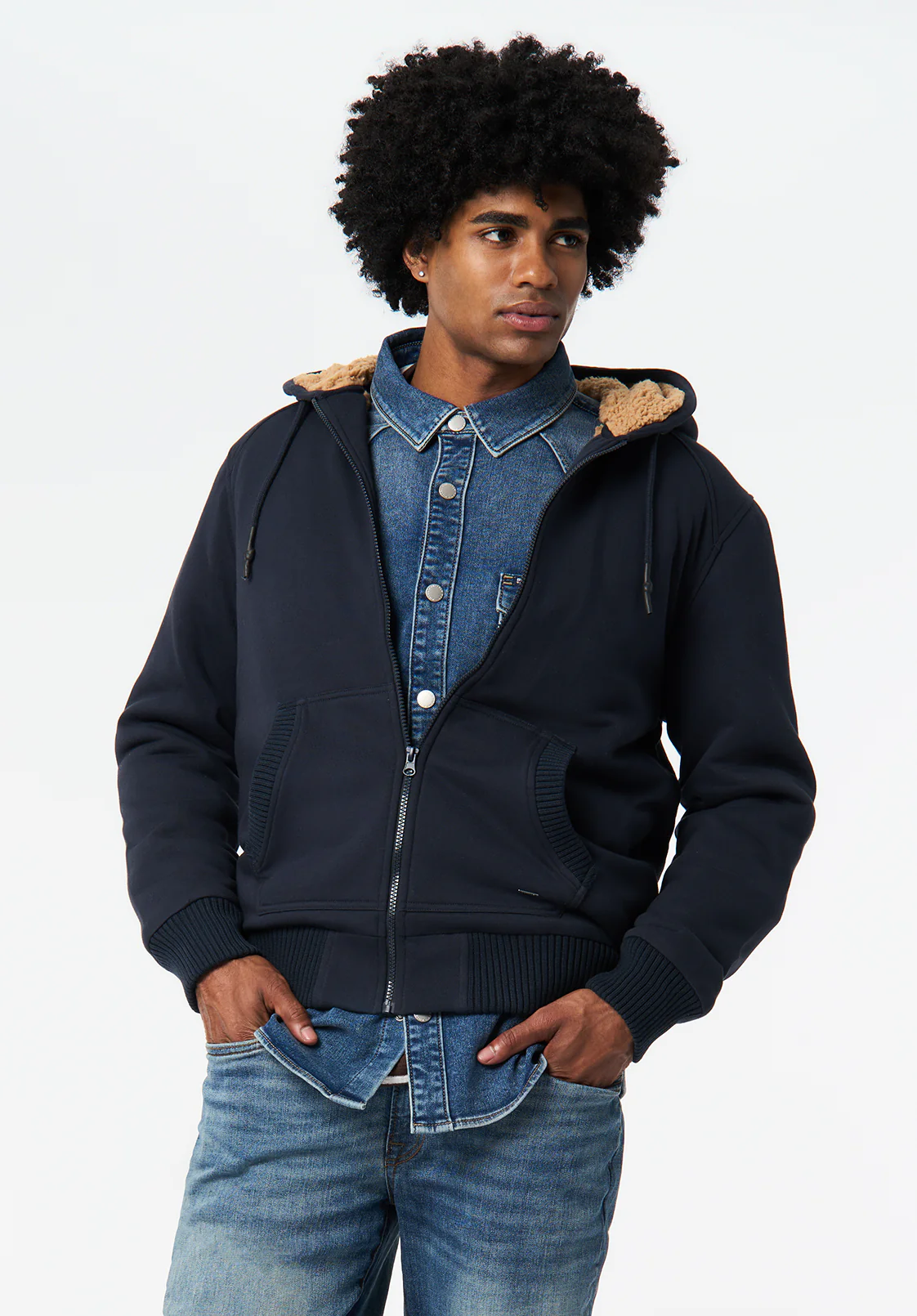 Fasox Men's Relaxed Full-Zip Hooded Jacket with Sherpa Lining, Whale - BM24735 - Image 2