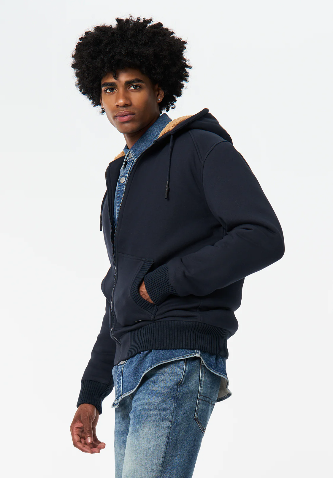 Fasox Men's Relaxed Full-Zip Hooded Jacket with Sherpa Lining, Whale - BM24735 - Image 3