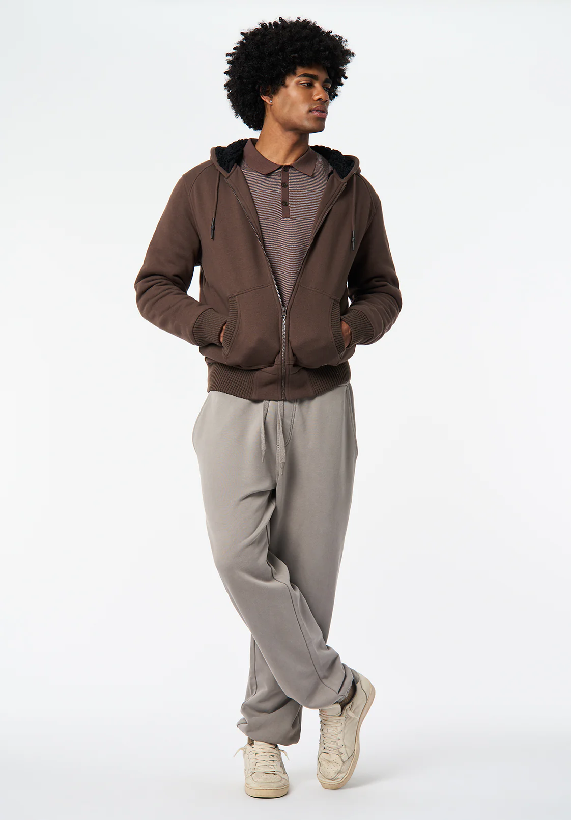 Fasox Men's Relaxed Full-Zip Hooded Jacket with Sherpa Lining, Chocolate Brown - BM24735