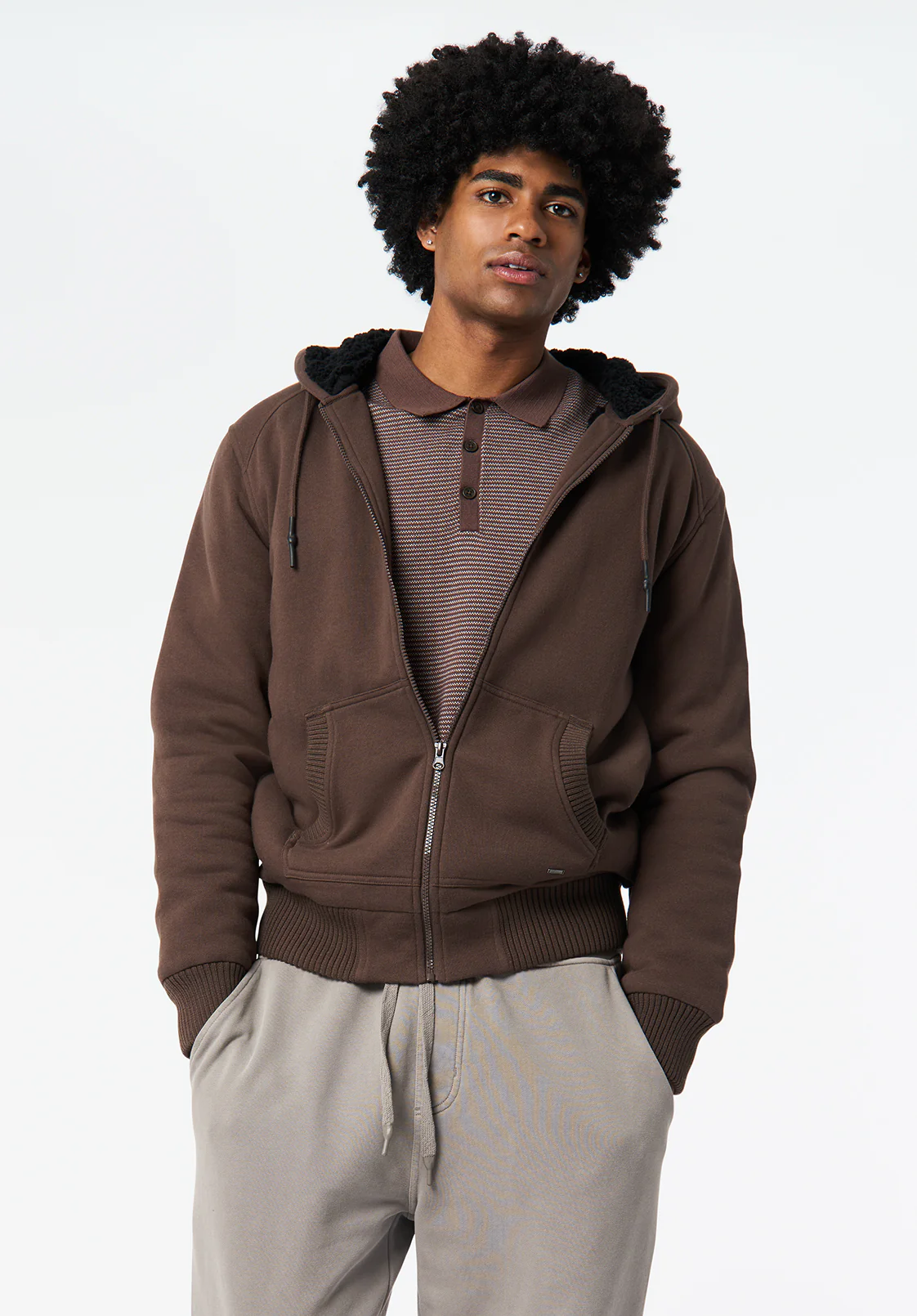 Fasox Men's Relaxed Full-Zip Hooded Jacket with Sherpa Lining, Chocolate Brown - BM24735 - Image 3