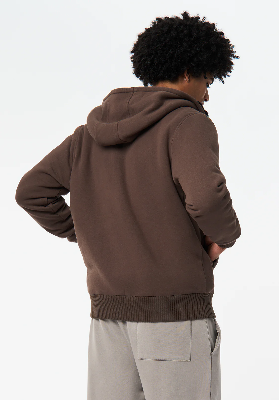 Fasox Men's Relaxed Full-Zip Hooded Jacket with Sherpa Lining, Chocolate Brown - BM24735 - Image 4