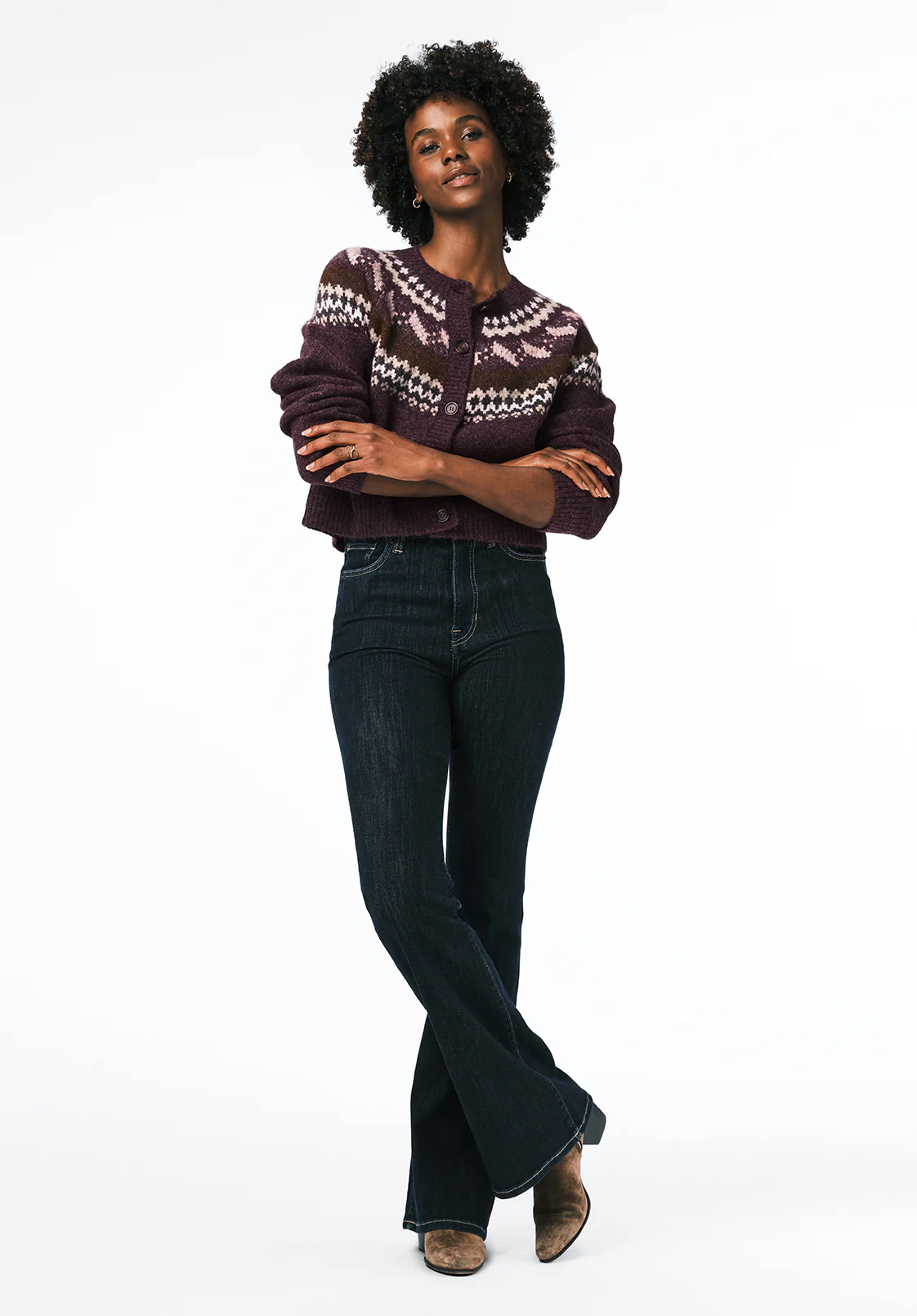 Frederick Women's Fair Isle Button-Up Cardigan, Fig - SW0152