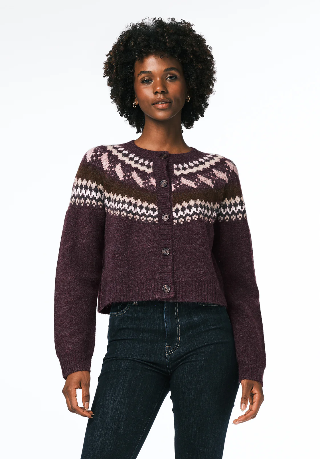 Frederick Women's Fair Isle Button-Up Cardigan, Fig - SW0152 - Image 2