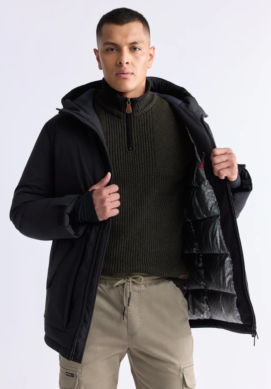 Gavin Men’s Mid-length Two-way Zip-up Classic Parka, Black - OBMFP001 - Image 2