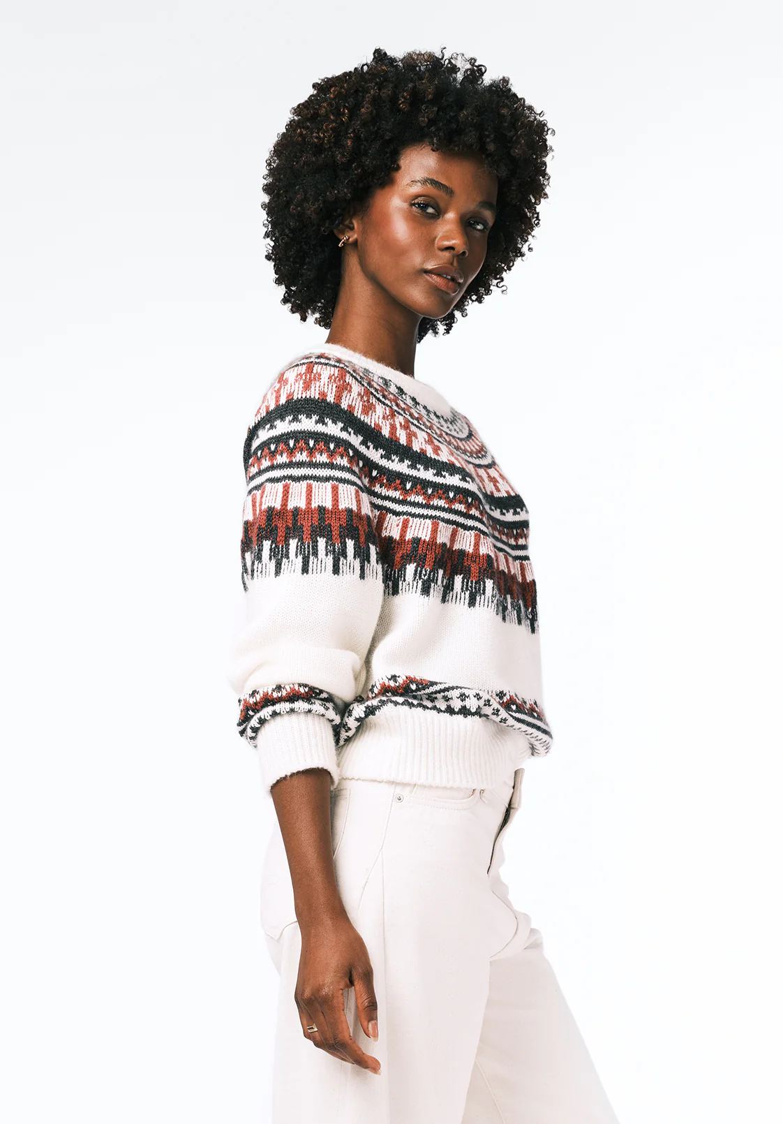 Glenda Women's Fair Isle Knit Crewneck Sweater, Ivory - SW0149 - Image 3