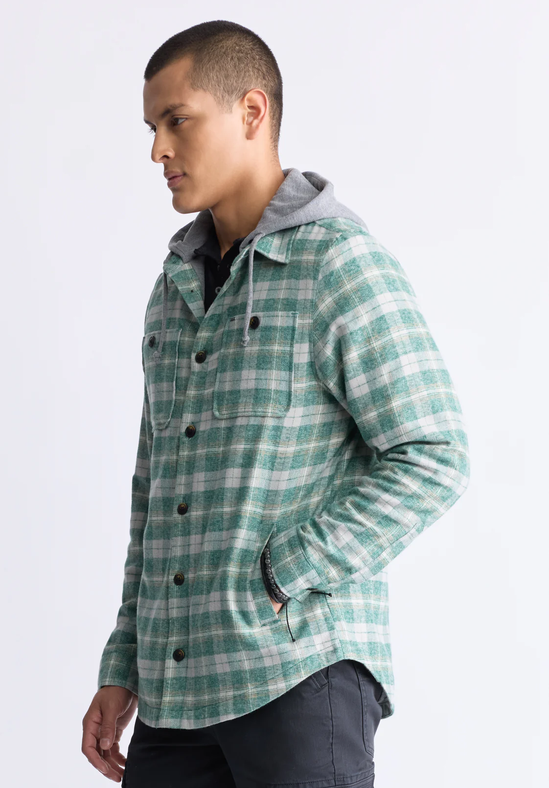 Jakeim Men's Plaid Hooded Shacket, Grey & Green - BM24443 - Image 3