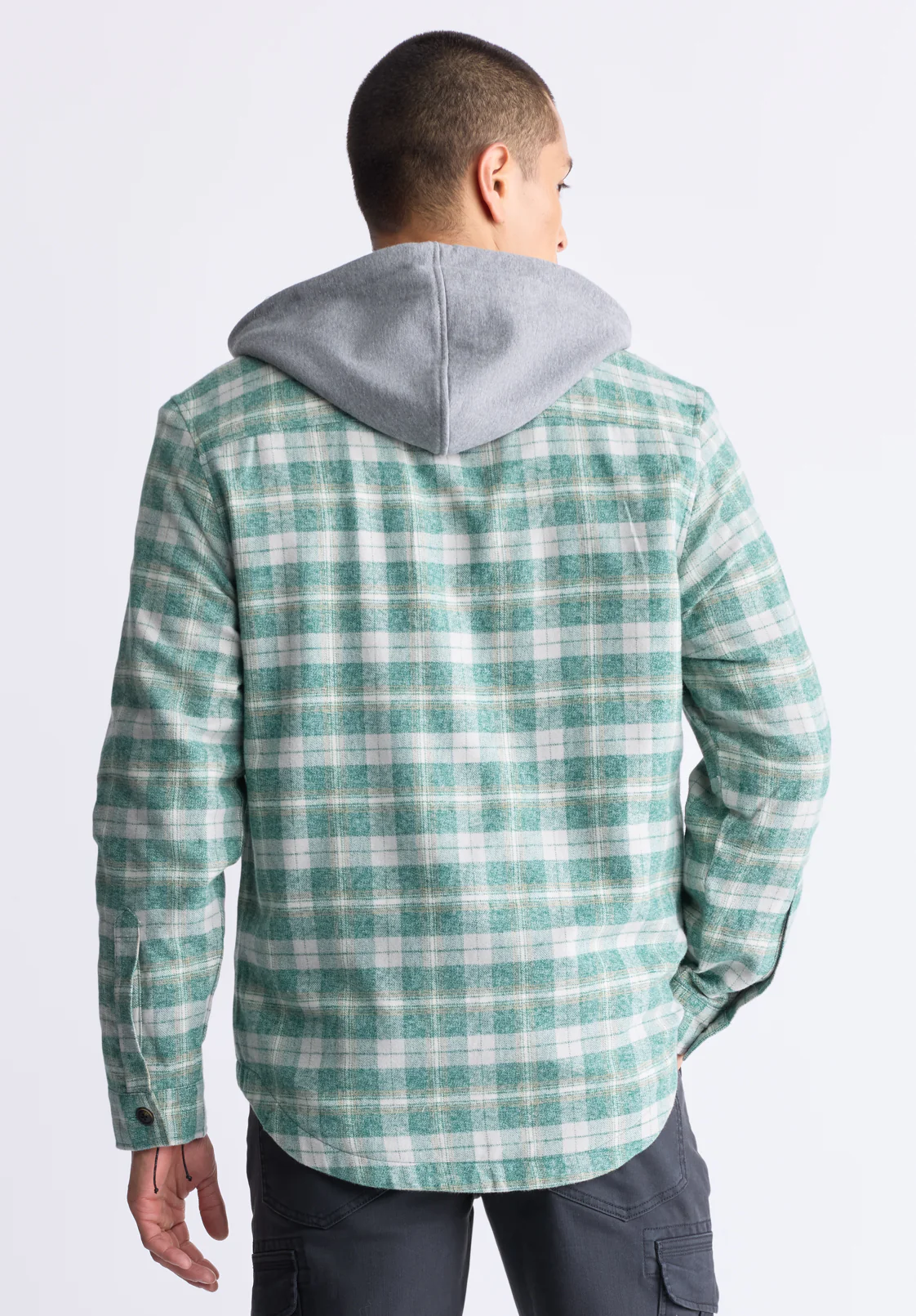 Jakeim Men's Plaid Hooded Shacket, Grey & Green - BM24443 - Image 4