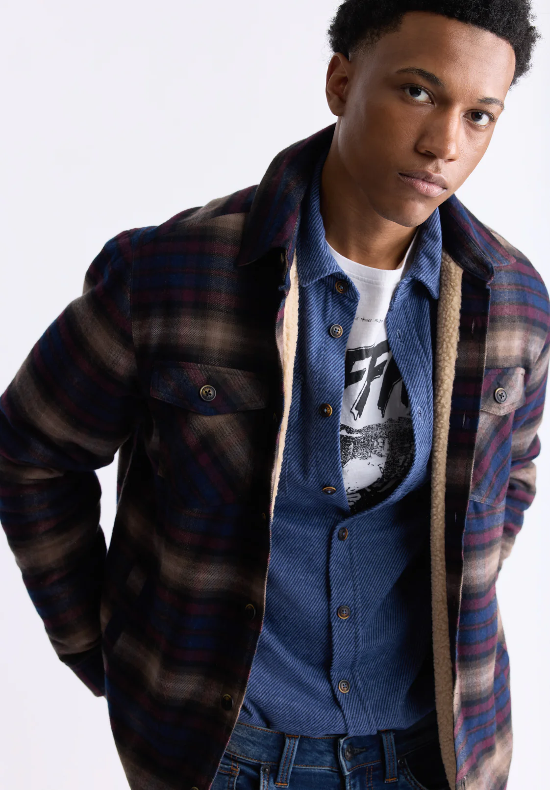 Jalika Men's Plaid Shacket with Sherpa Lining, Whale & Beige - BM24447 - Image 3